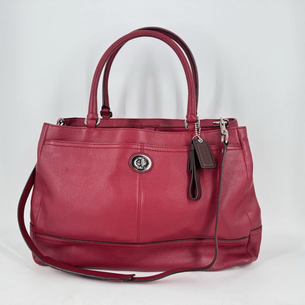 Coach F23268 Red Leather Carryall Tote Satchel Large Turn Lock Strap